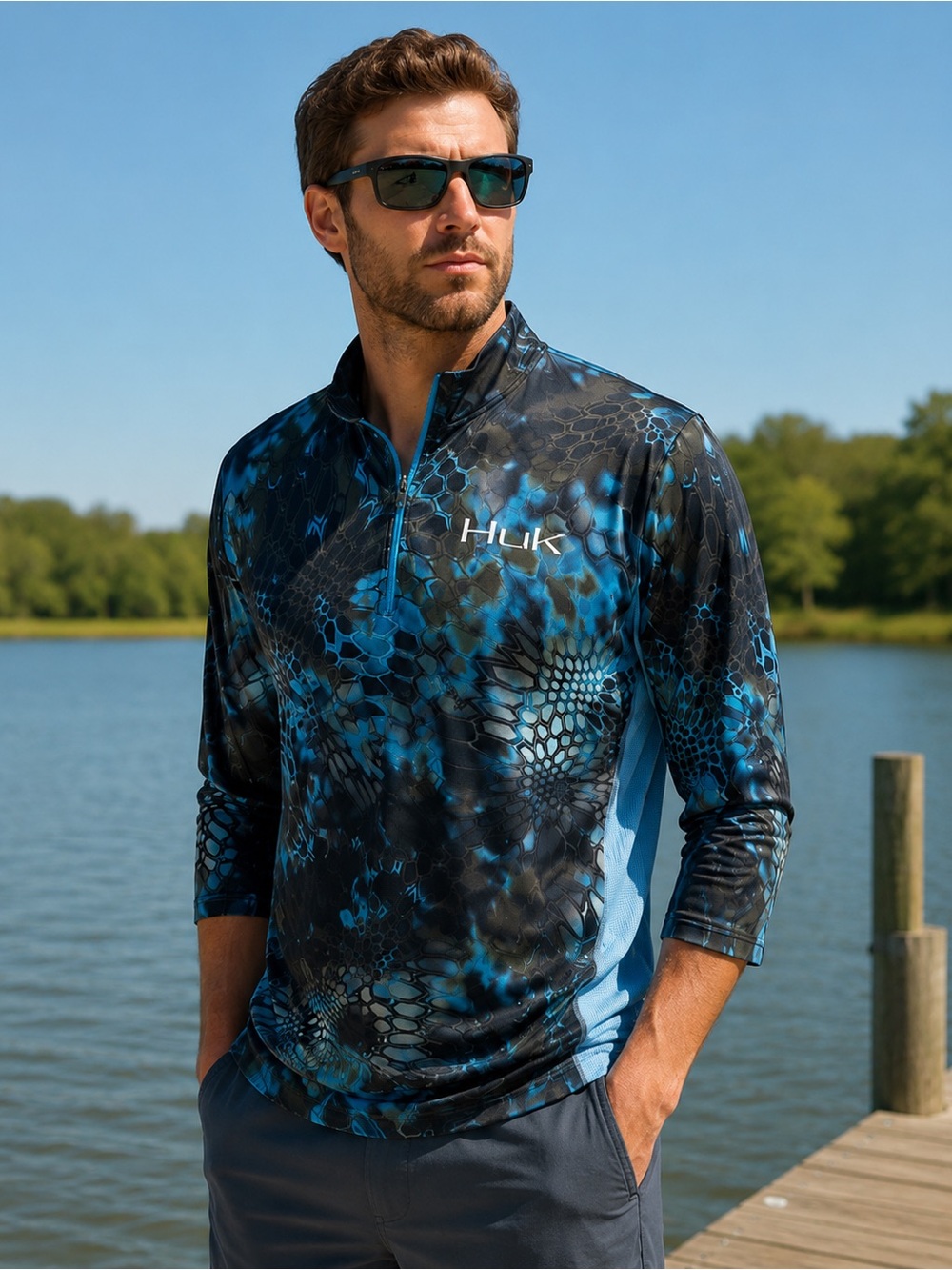 HUK Men’s Performance Fishing Shirt XL Blue Black 3/4-Zip Long Sleeve